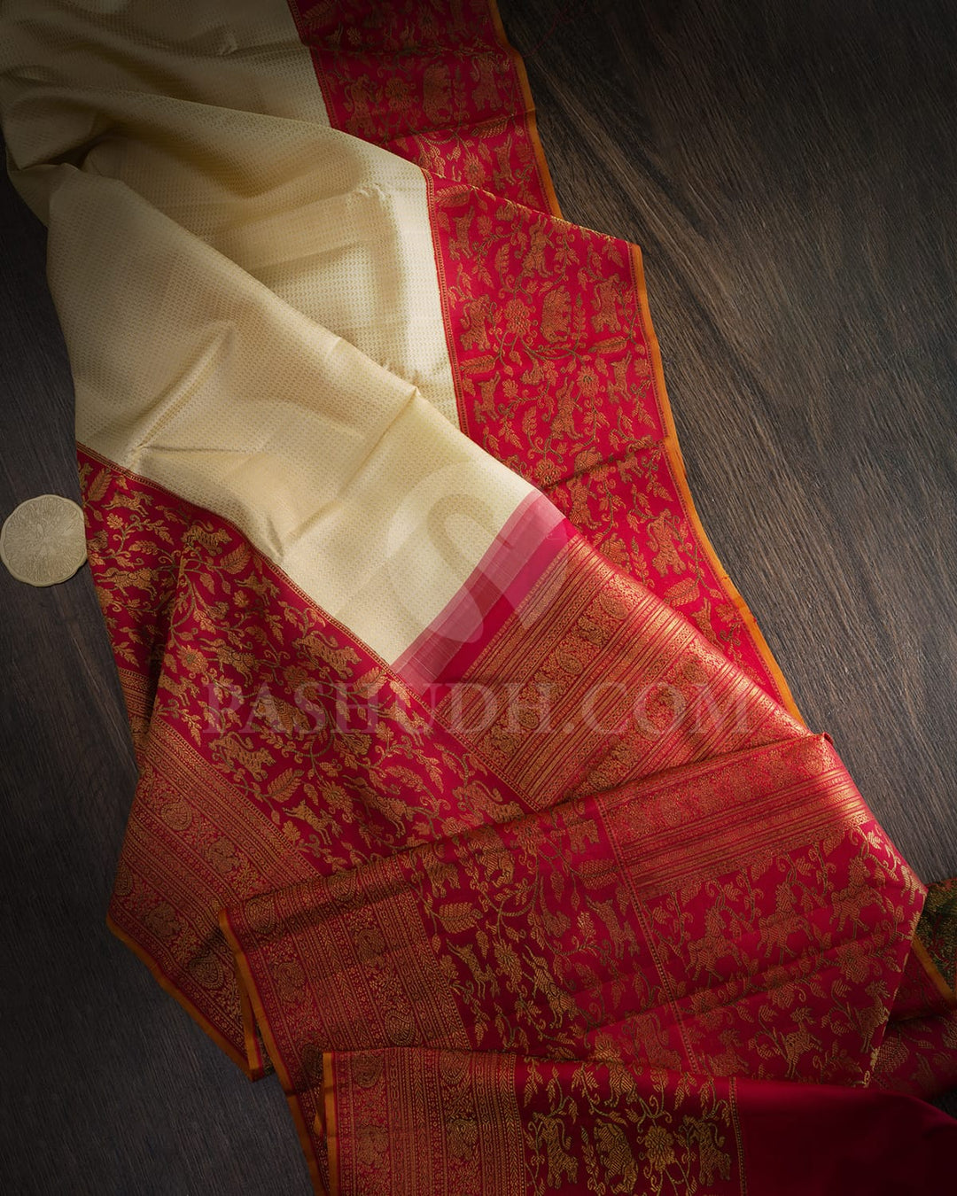 Half White With Red Traditional Kanjivaram Silk Saree-S1665(B)