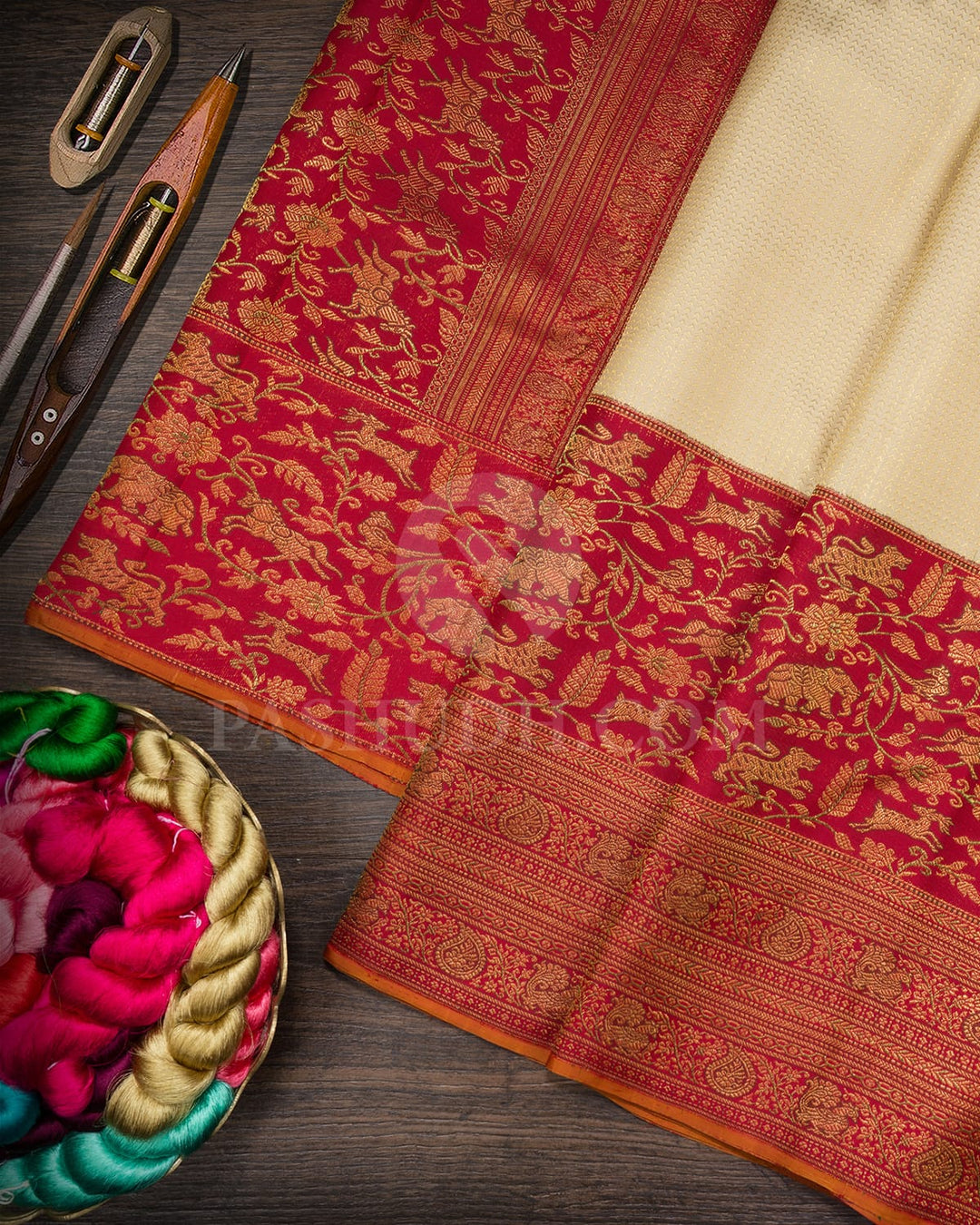 Half White With Red Traditional Kanjivaram Silk Saree-S1665(B)