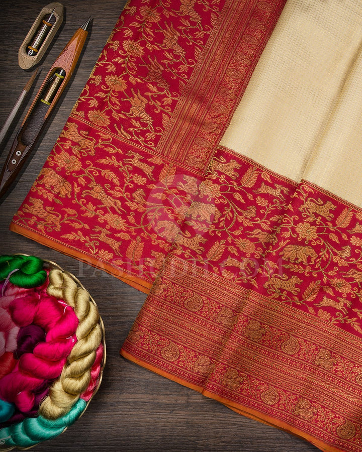 Half White With Red Traditional Kanjivaram Silk Saree-S1665(B)