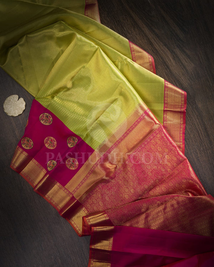 Parrot Green With Reddish Pink Kanjivaram Silk Saree-S1732(A)