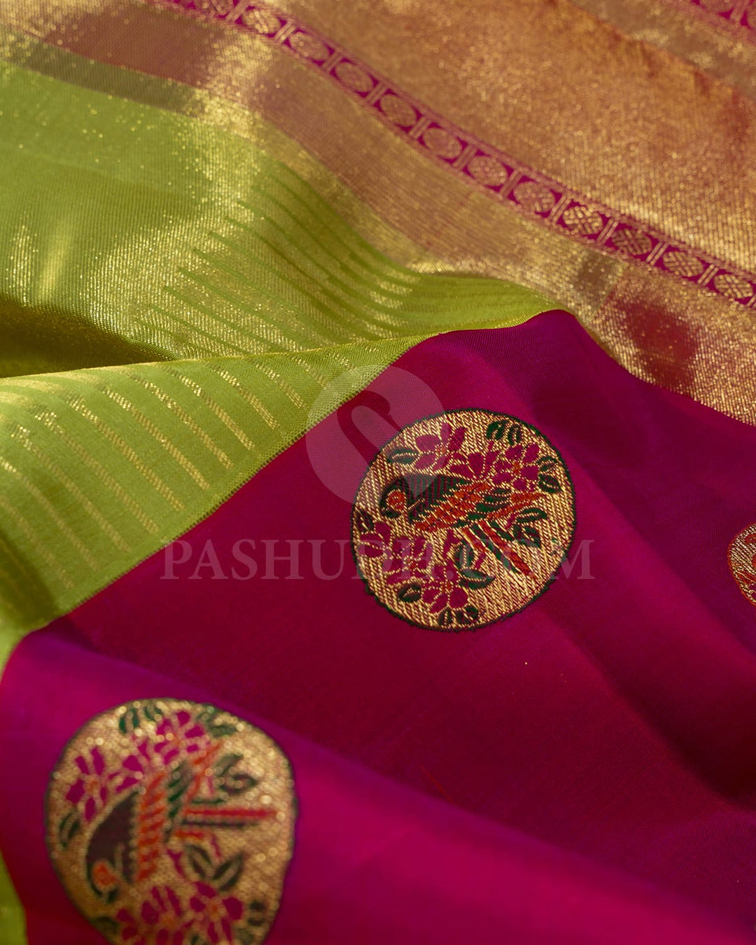 Parrot Green With Reddish Pink Kanjivaram Silk Saree-S1732(A)