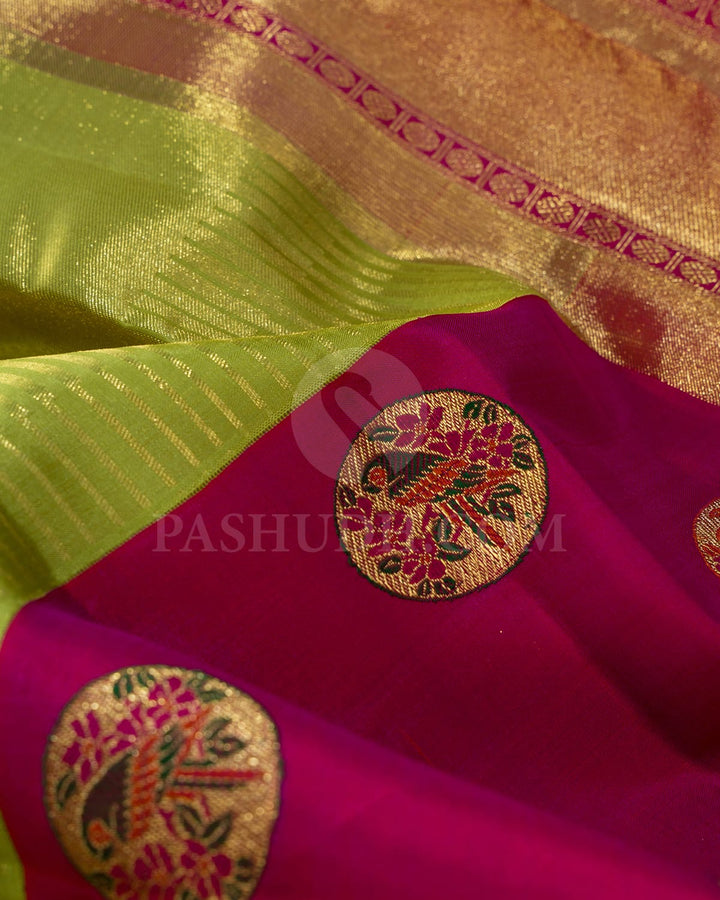 Parrot Green With Reddish Pink Kanjivaram Silk Saree-S1732(A)