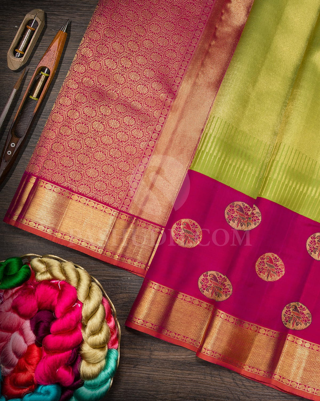 Parrot Green With Reddish Pink Kanjivaram Silk Saree-S1732(A)