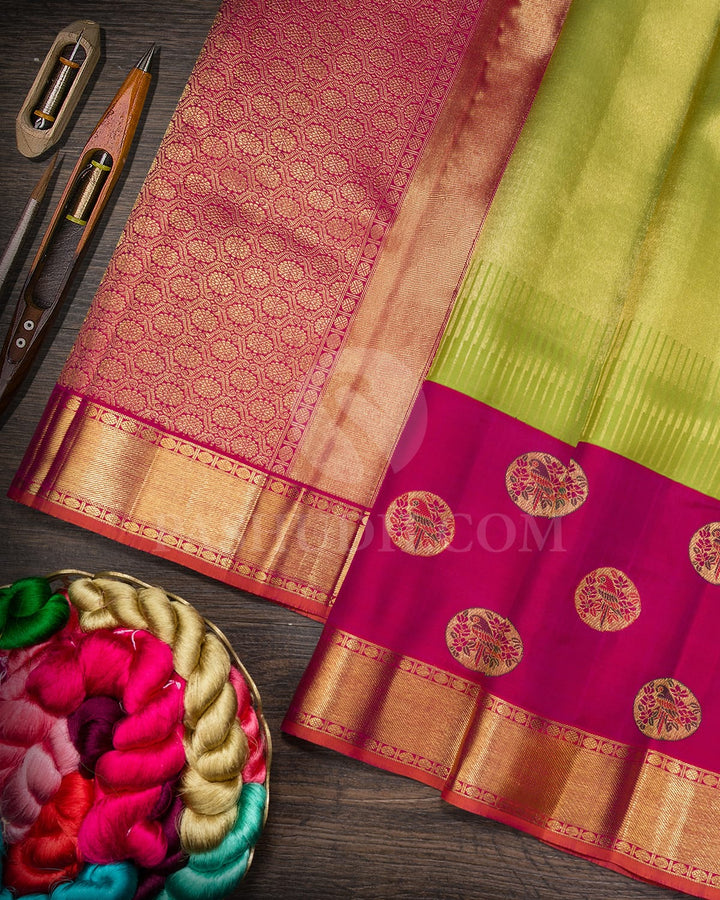 Parrot Green With Reddish Pink Kanjivaram Silk Saree-S1732(A)