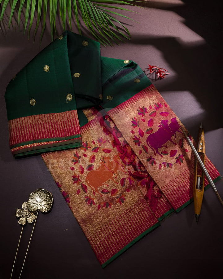 Bottle Green With Red Traditional Kanjivaram Silk Saree-S1733(A)