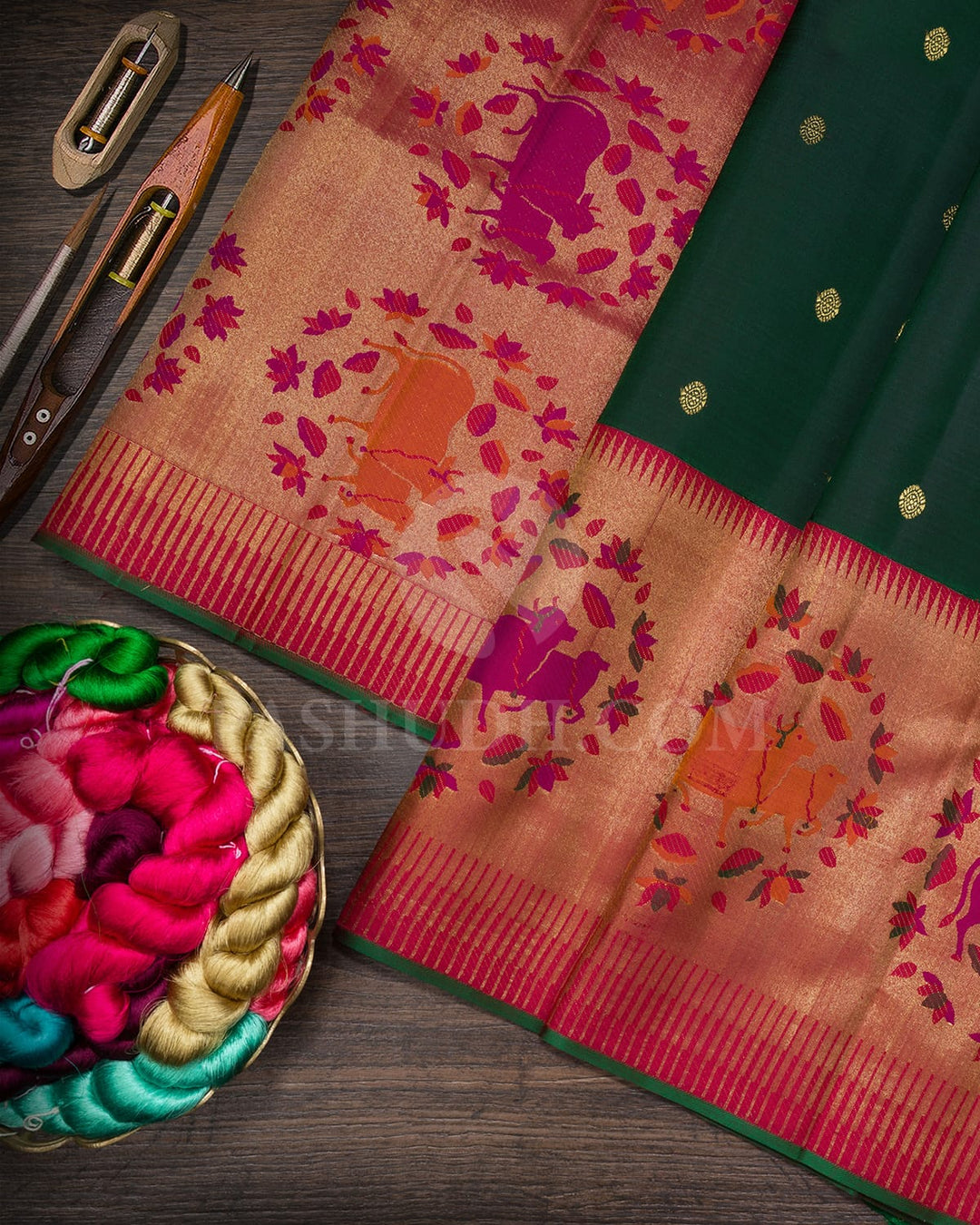 Bottle Green With Red Traditional Kanjivaram Silk Saree-S1733(A)