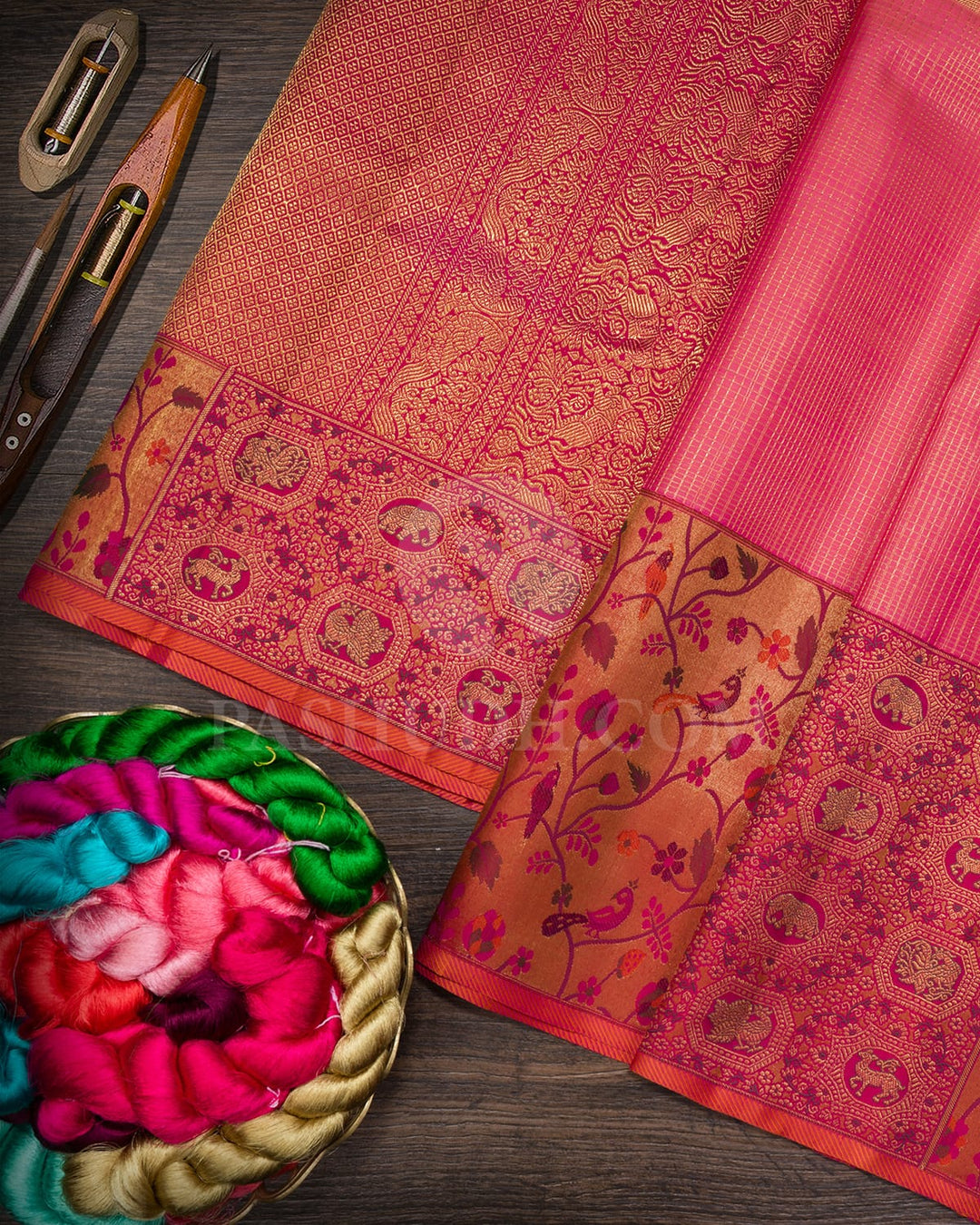 Peachy Pink With Reddish Pink Kanjivaram Silk Saree-S1731(A)