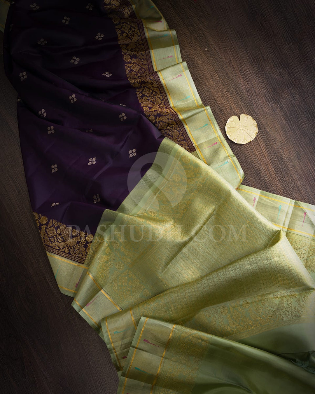 Dark Plum Purple And Pista Green Kanjivaram Silk Saree-S1628(C)