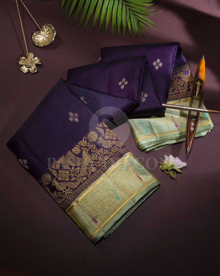 Dark Plum Purple And Pista Green Kanjivaram Silk Saree-S1628(C)
