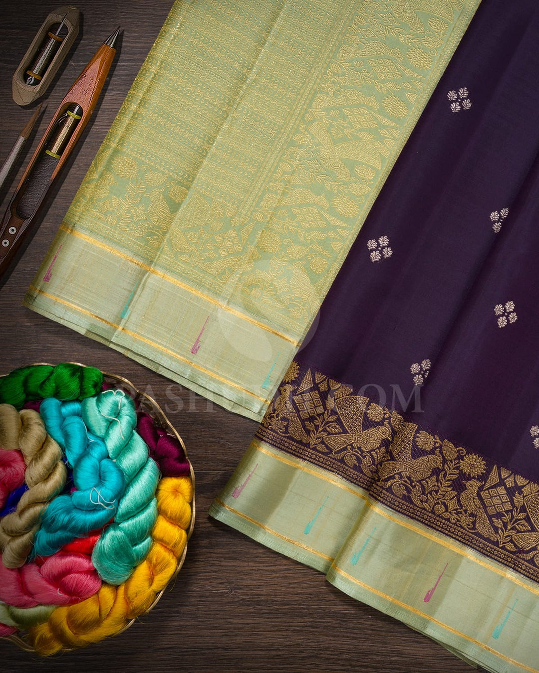 Dark Plum Purple And Pista Green Kanjivaram Silk Saree-S1628(C)