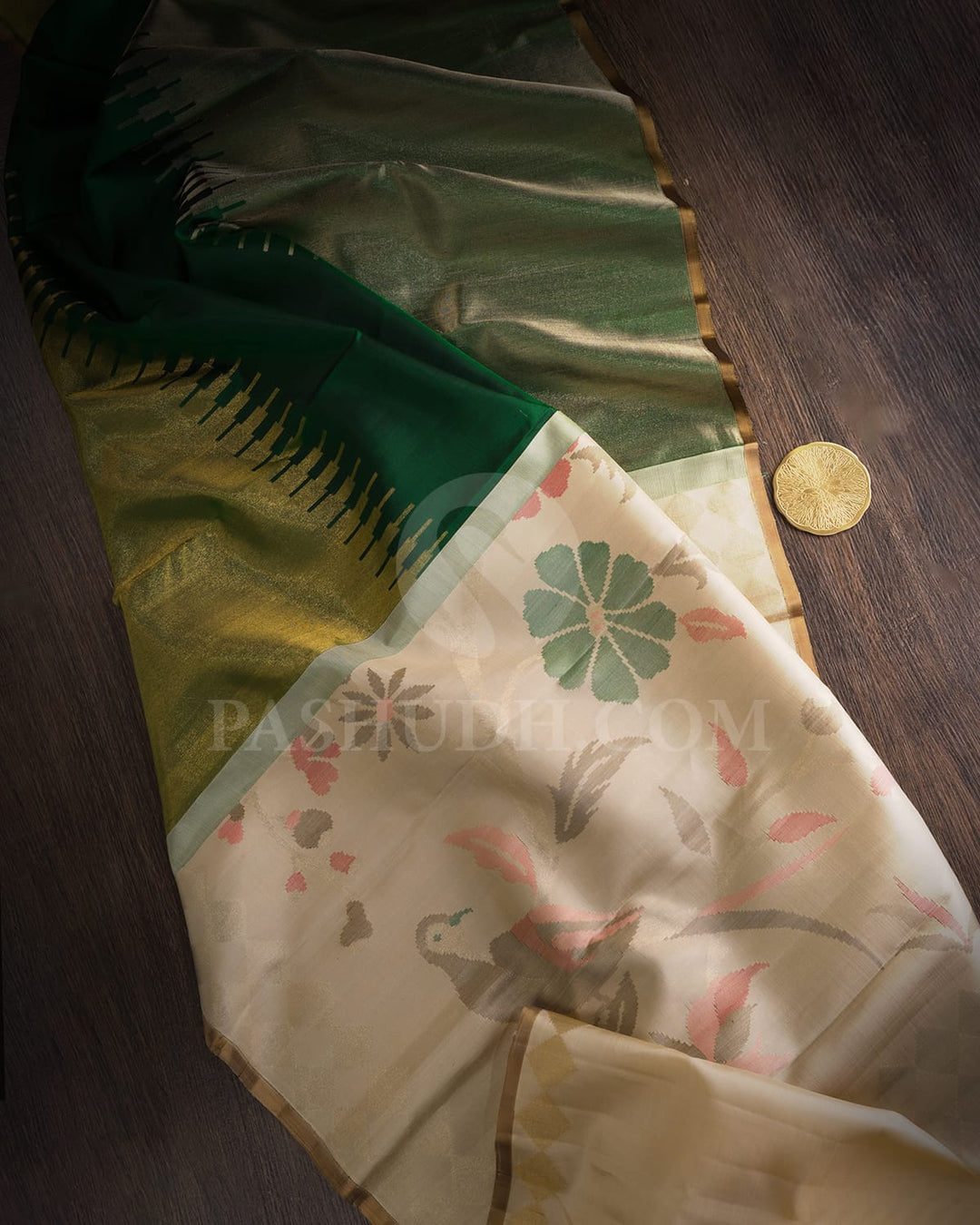 Forest Green With Cream Paithani Kanjivaram Silk Saree-S1719(E)