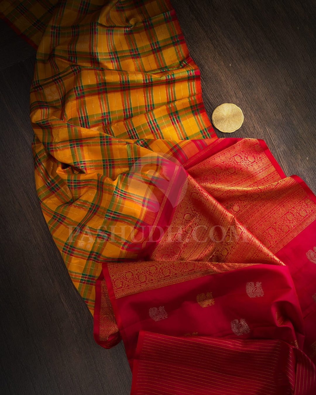Mango Yellow With Bright Red Kanjivaram Silk Saree-S1086(C)