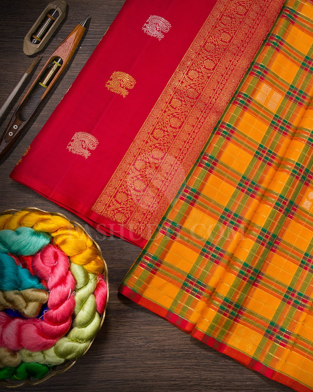 Mango Yellow With Bright Red Kanjivaram Silk Saree-S1086(C)
