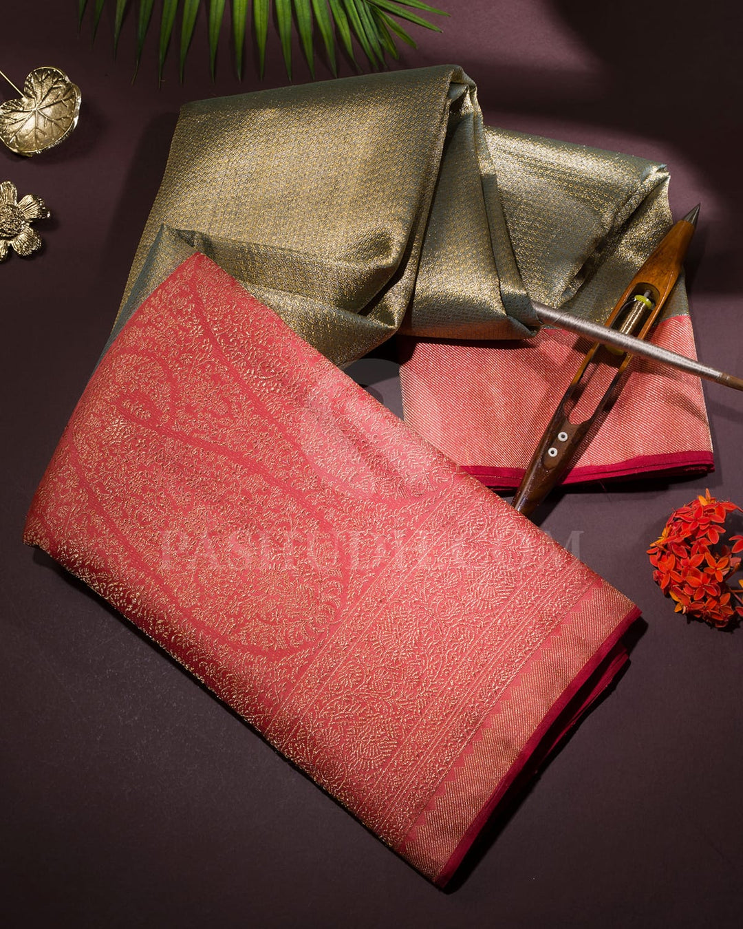 Powder Blue With Peachy Pink Organza Shimmer Kanjivaram Silk Saree-S1287(F)