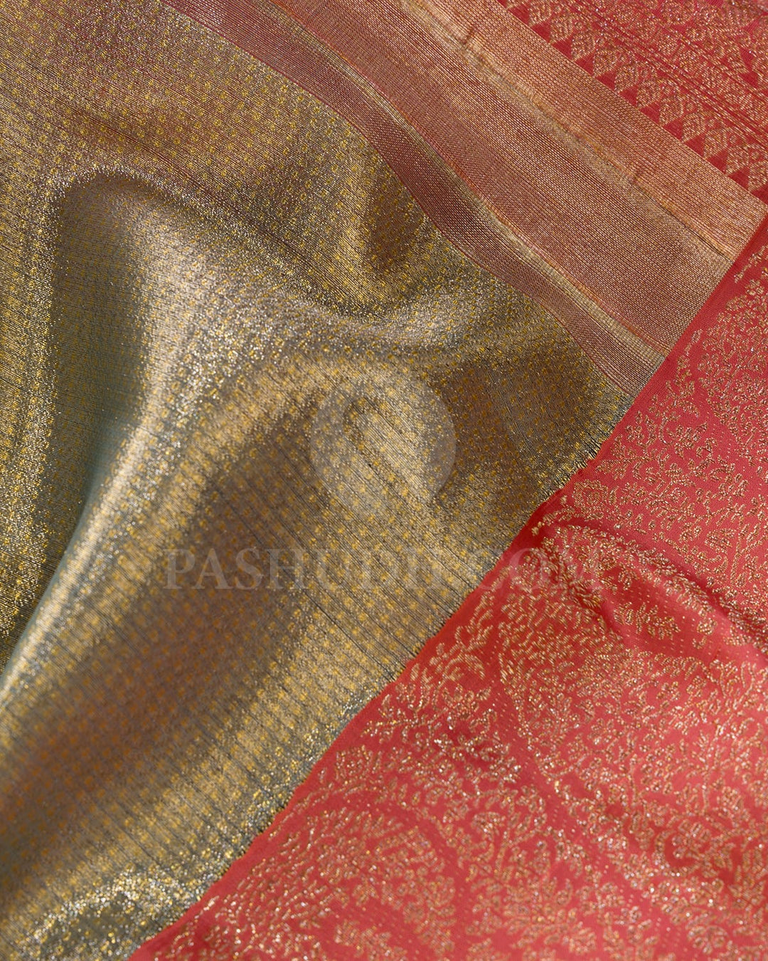 Powder Blue With Peachy Pink Organza Shimmer Kanjivaram Silk Saree-S1287(F)