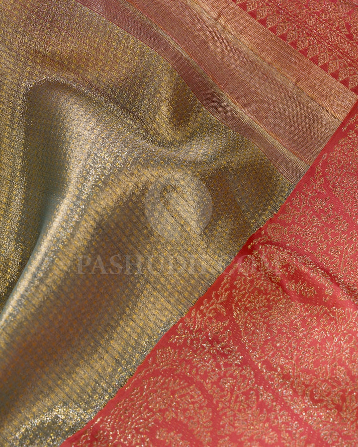 Powder Blue With Peachy Pink Organza Shimmer Kanjivaram Silk Saree-S1287(F)