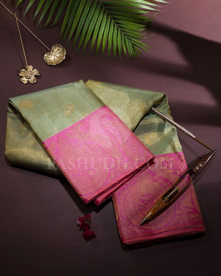 Pista Green With Pastel Pink Shimmer Kanjivaram Silk Saree-S1640(C)