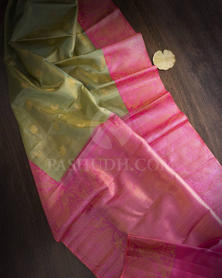 Pista Green With Pastel Pink Shimmer Kanjivaram Silk Saree-S1640(C)