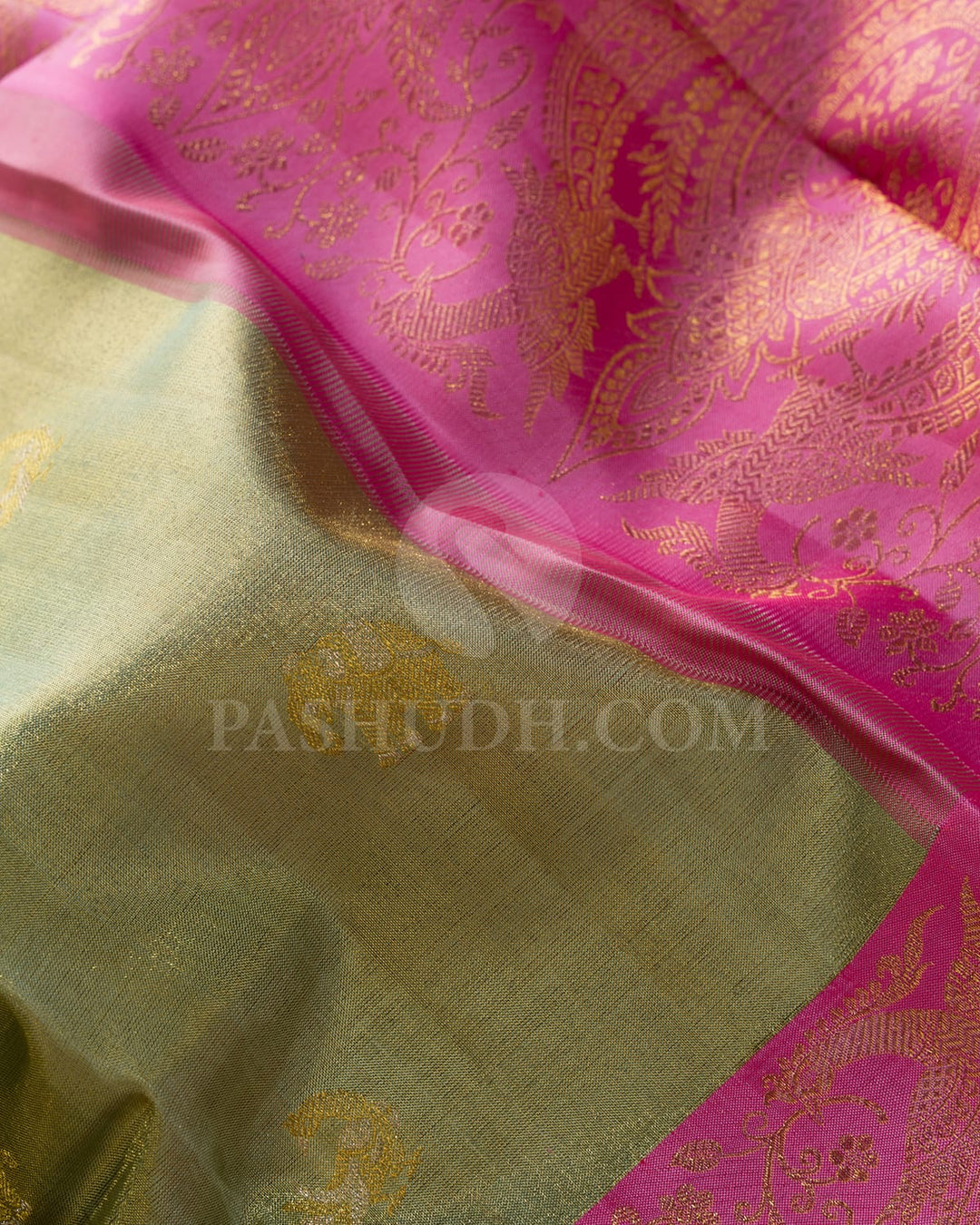 Pista Green With Pastel Pink Shimmer Kanjivaram Silk Saree-S1640(C)
