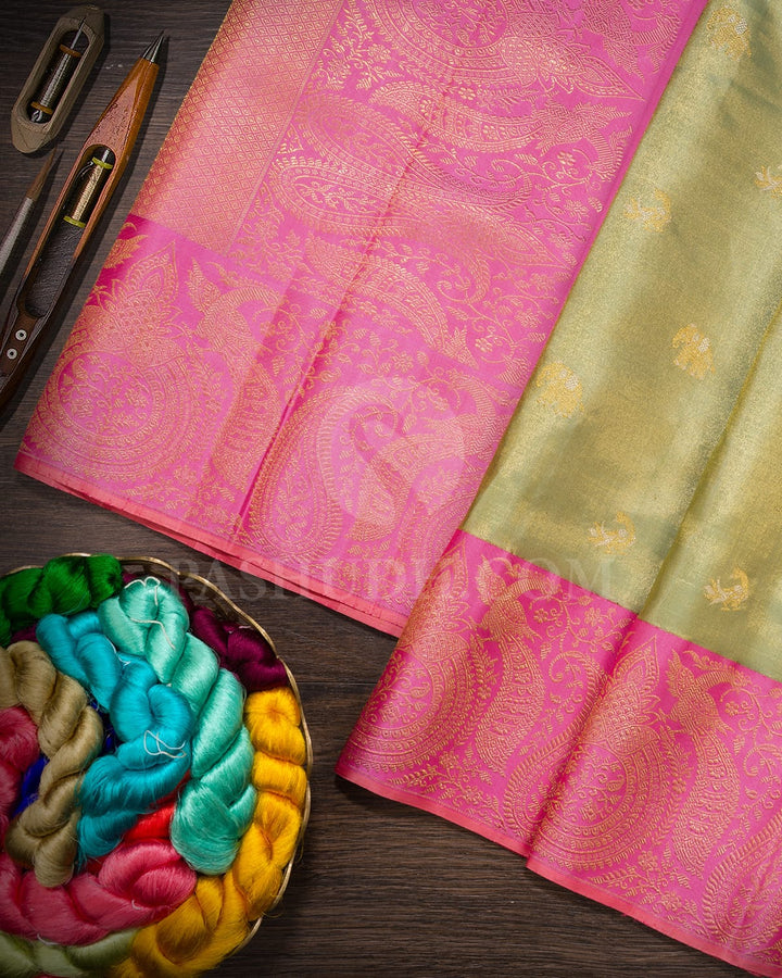Pista Green With Pastel Pink Shimmer Kanjivaram Silk Saree-S1640(C)