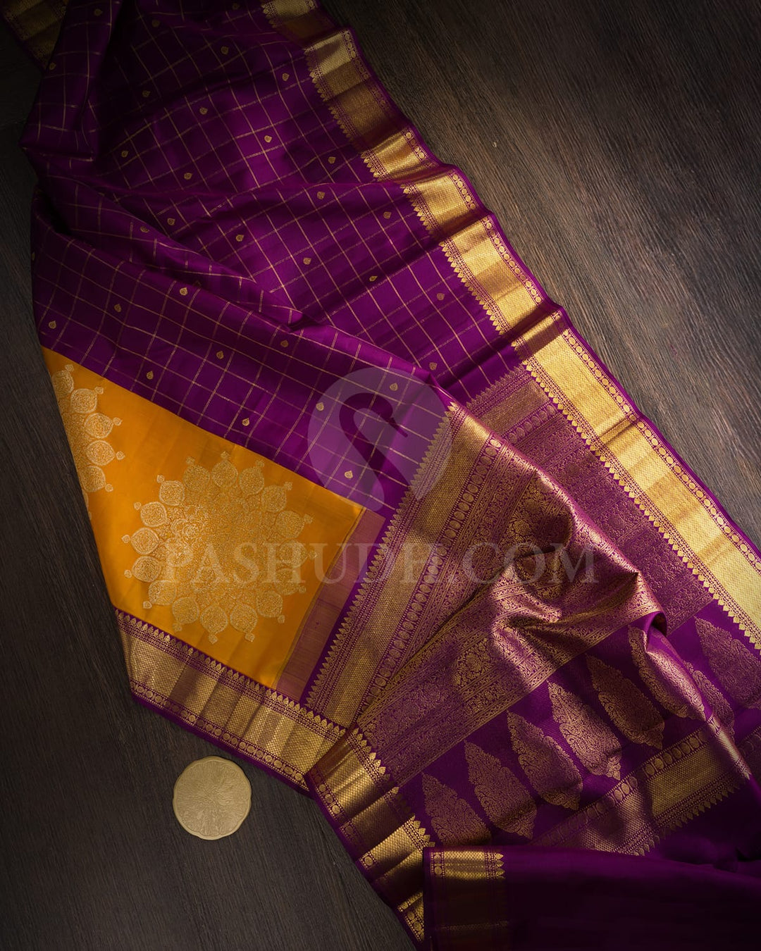 Palatinate Purple With Mango Yellow Kanjivaram Silk Saree-S1703(E)