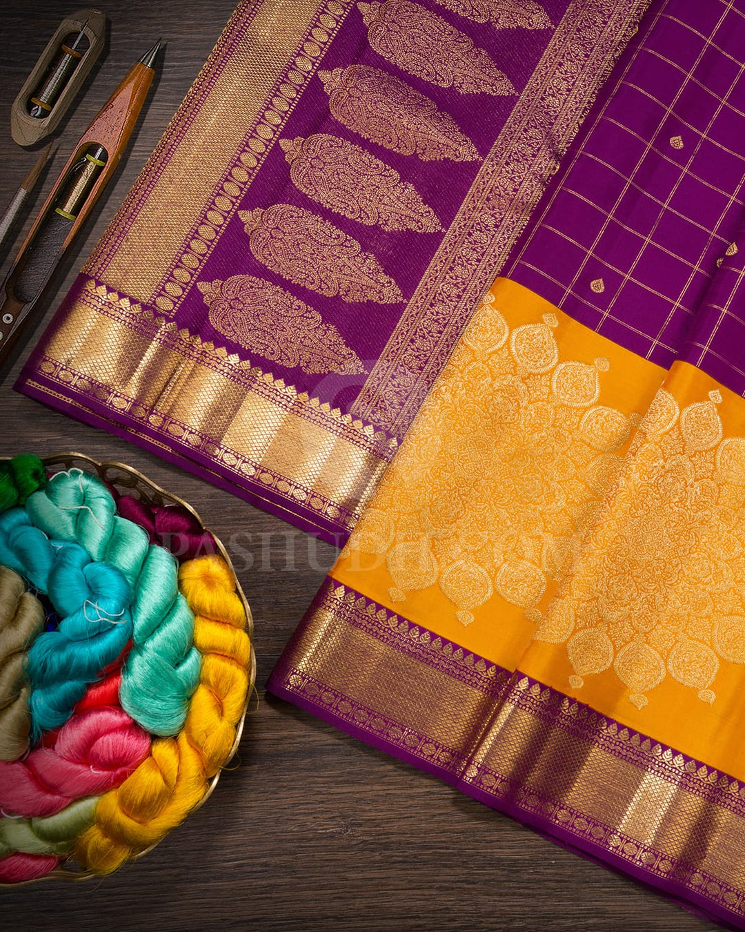 Palatinate Purple With Mango Yellow Kanjivaram Silk Saree-S1703(E)