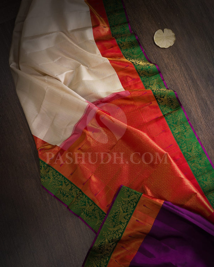 Half White With Red,Forest Green Paithani Kanjivaram Silk Saree-S1741(B)