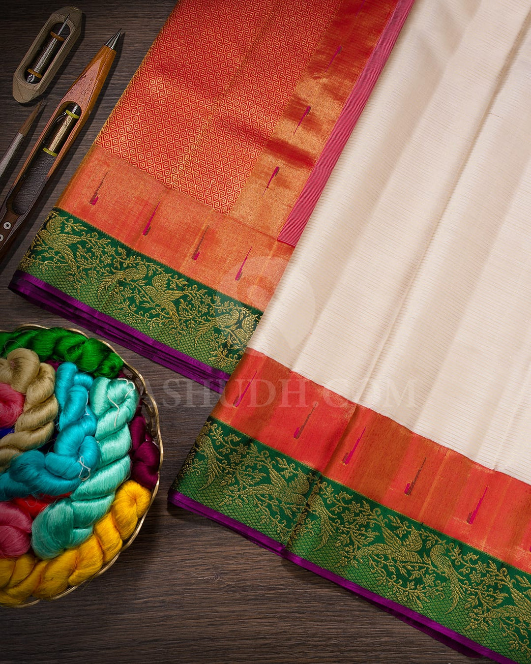 Half White With Red,Forest Green Paithani Kanjivaram Silk Saree-S1741(B)