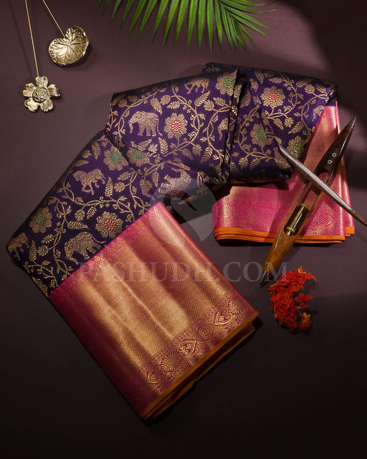 Dual Shaded Space Cadet Blue With Punch Pink Vanasingaram Kanjivaram Silk Saree-S1715(B)