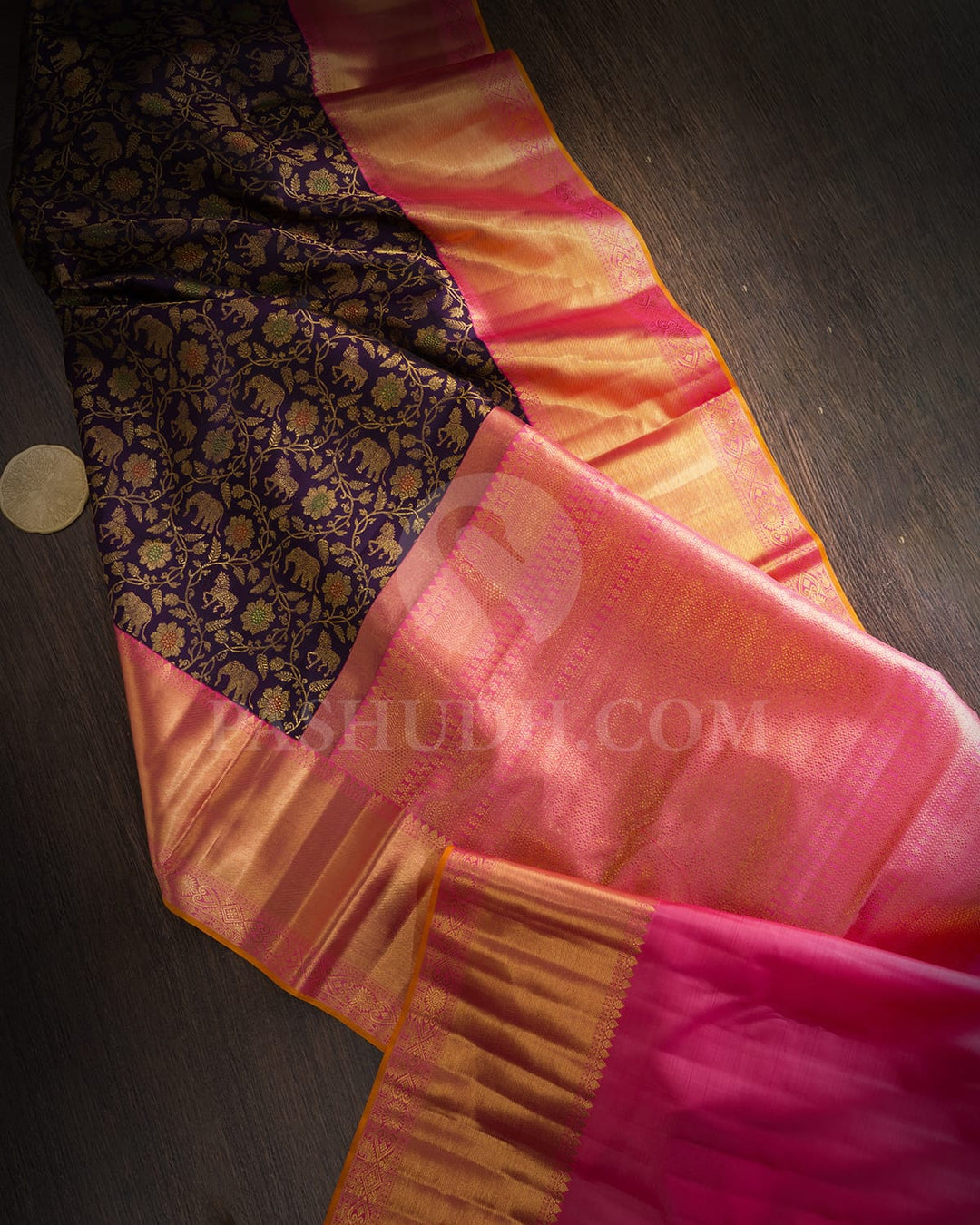Dual Shaded Space Cadet Blue With Punch Pink Vanasingaram Kanjivaram Silk Saree-S1715(B)