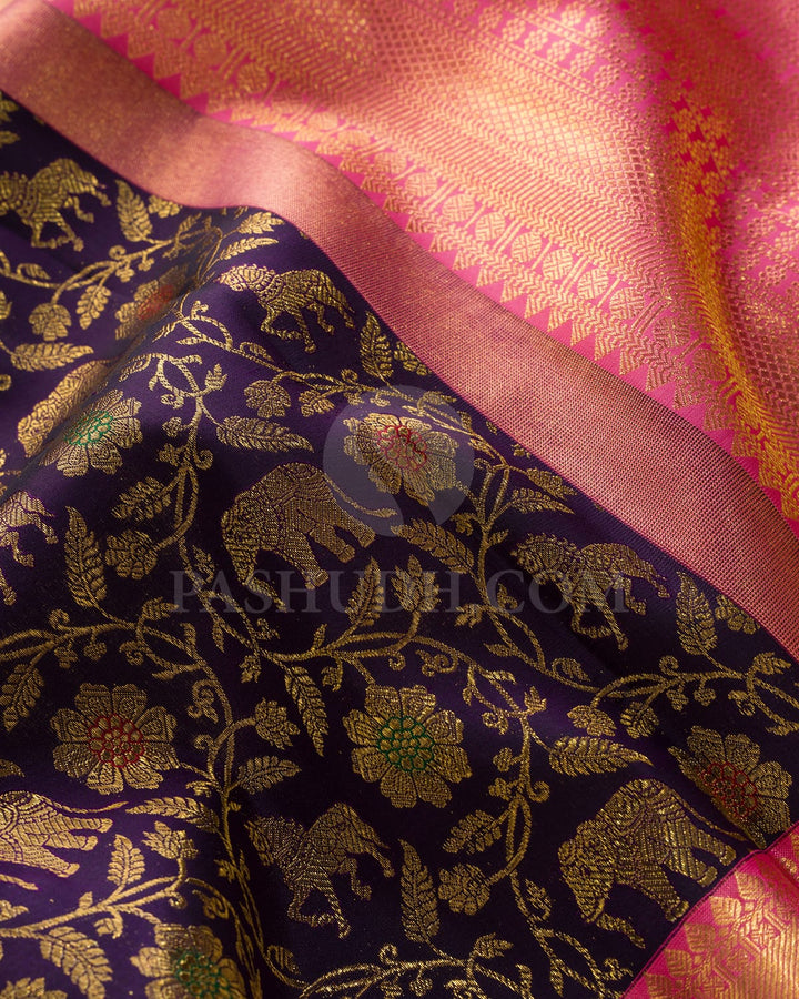 Dual Shaded Space Cadet Blue With Punch Pink Vanasingaram Kanjivaram Silk Saree-S1715(B)