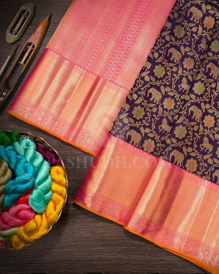 Dual Shaded Space Cadet Blue With Punch Pink Vanasingaram Kanjivaram Silk Saree-S1715(B)