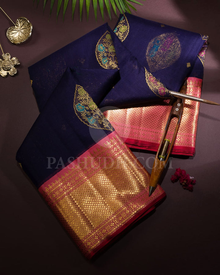Navy Blue Organza With Cotton Kanjivaram Silk Saree-S1747(B)