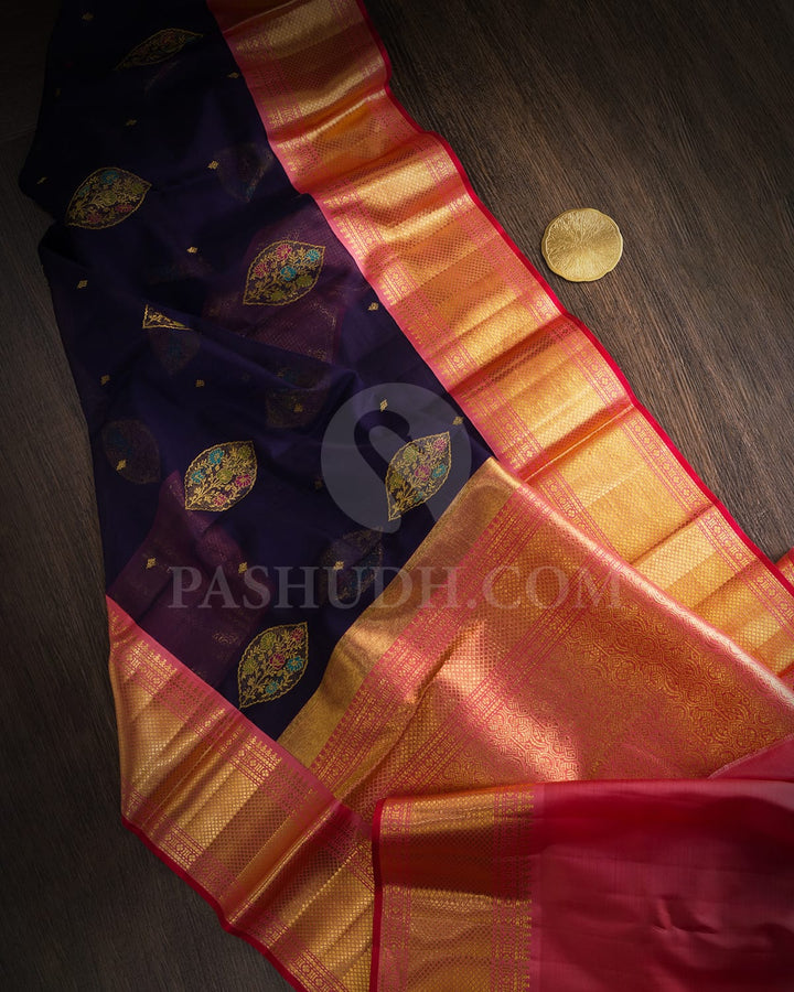 Navy Blue Organza With Cotton Kanjivaram Silk Saree-S1747(B)