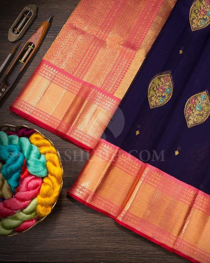 Navy Blue Organza With Cotton Kanjivaram Silk Saree-S1747(B)