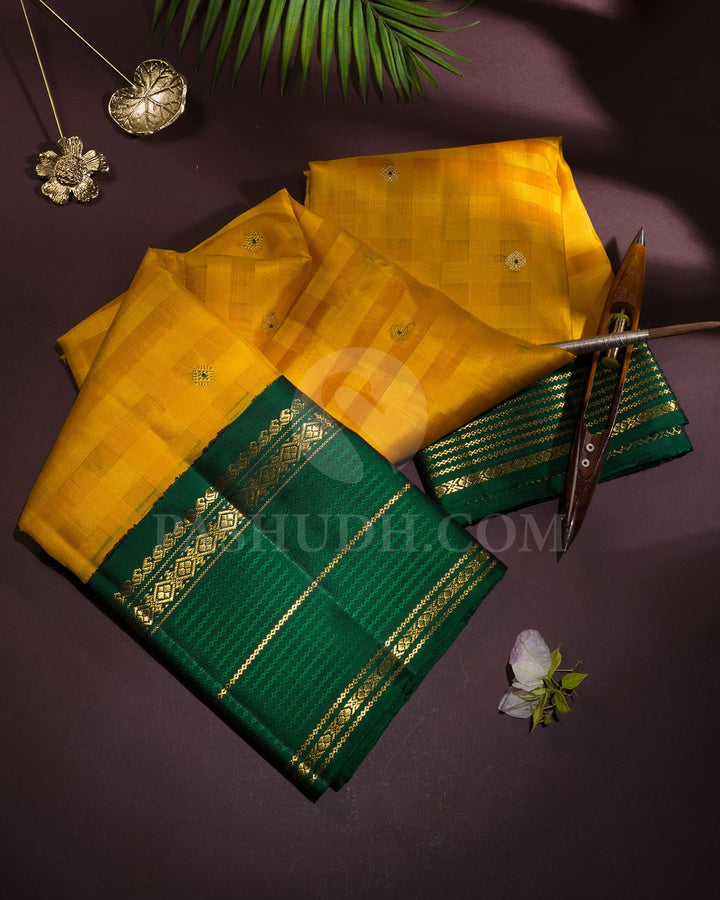 Mango Yellow With Bottle Green Organza Kanjivaram Silk Saree-S1688(B)