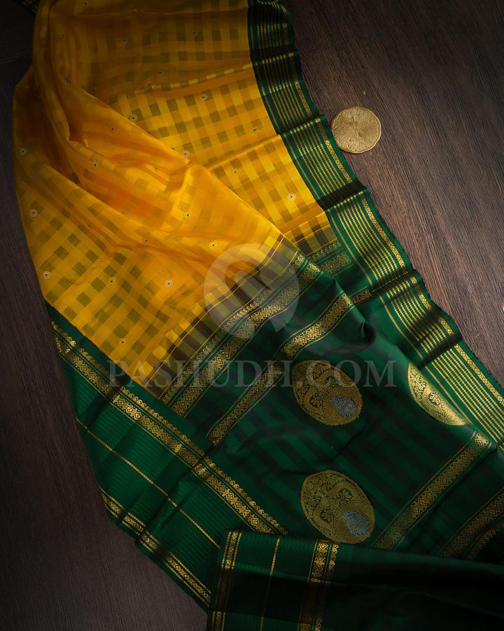 Mango Yellow With Bottle Green Organza Kanjivaram Silk Saree-S1688(B)