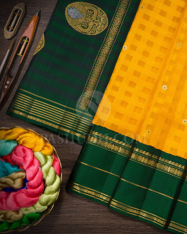 Mango Yellow With Bottle Green Organza Kanjivaram Silk Saree-S1688(B)