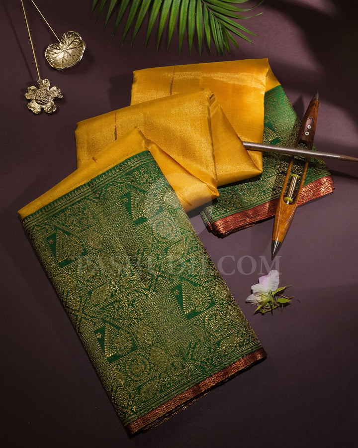 Mustard Yellow With Forest Green Kanjivaram Silk Saree-S1576(C)