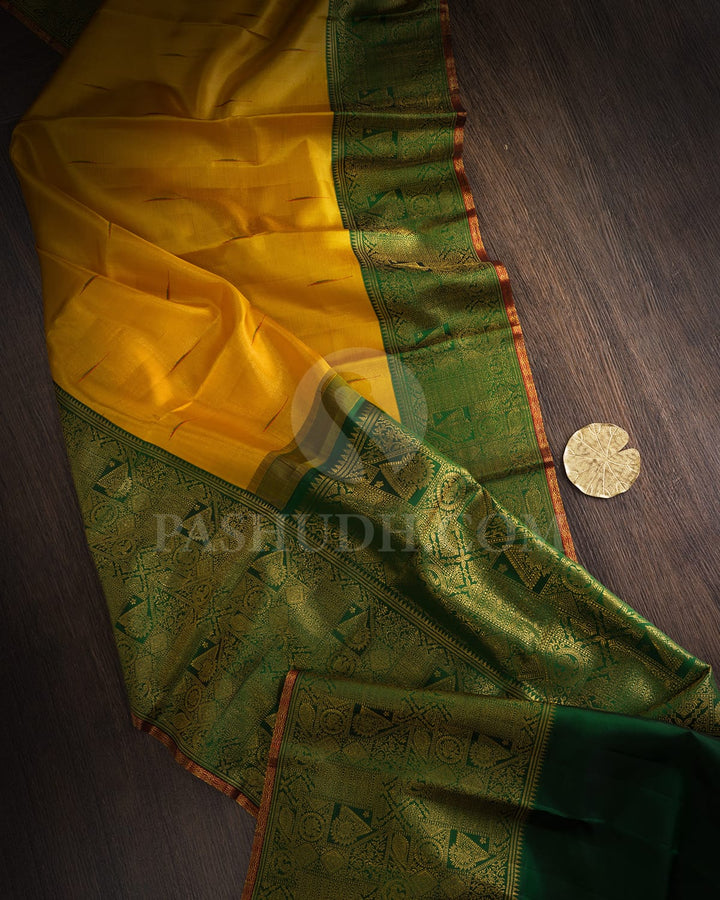 Mustard Yellow With Forest Green Kanjivaram Silk Saree-S1576(C)