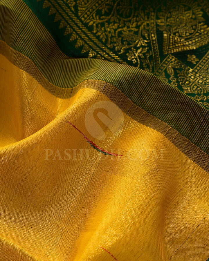 Mustard Yellow With Forest Green Kanjivaram Silk Saree-S1576(C)