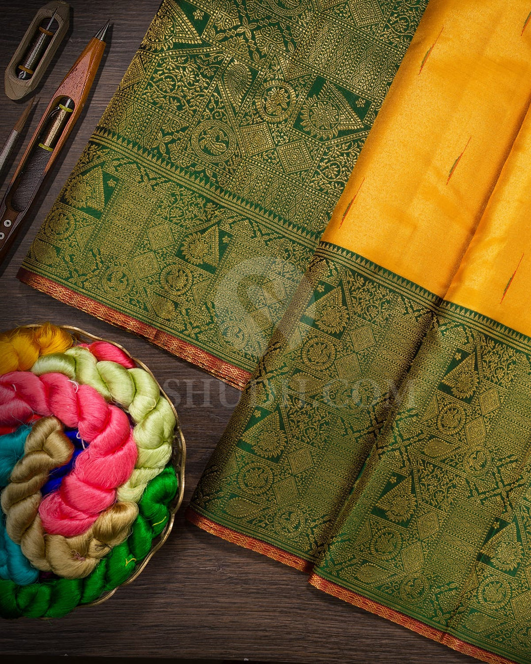 Mustard Yellow With Forest Green Kanjivaram Silk Saree-S1576(C)