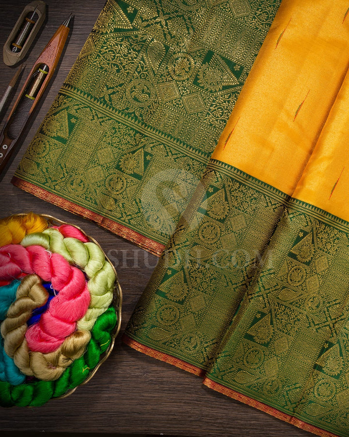 Mustard Yellow With Forest Green Kanjivaram Silk Saree-S1576(C)