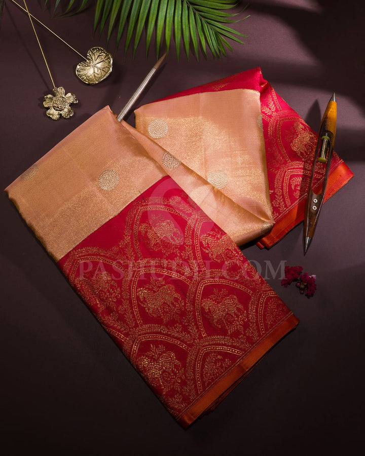 Peach With Red Shimmer Kanjivaram Silk Saree-S1768(A)