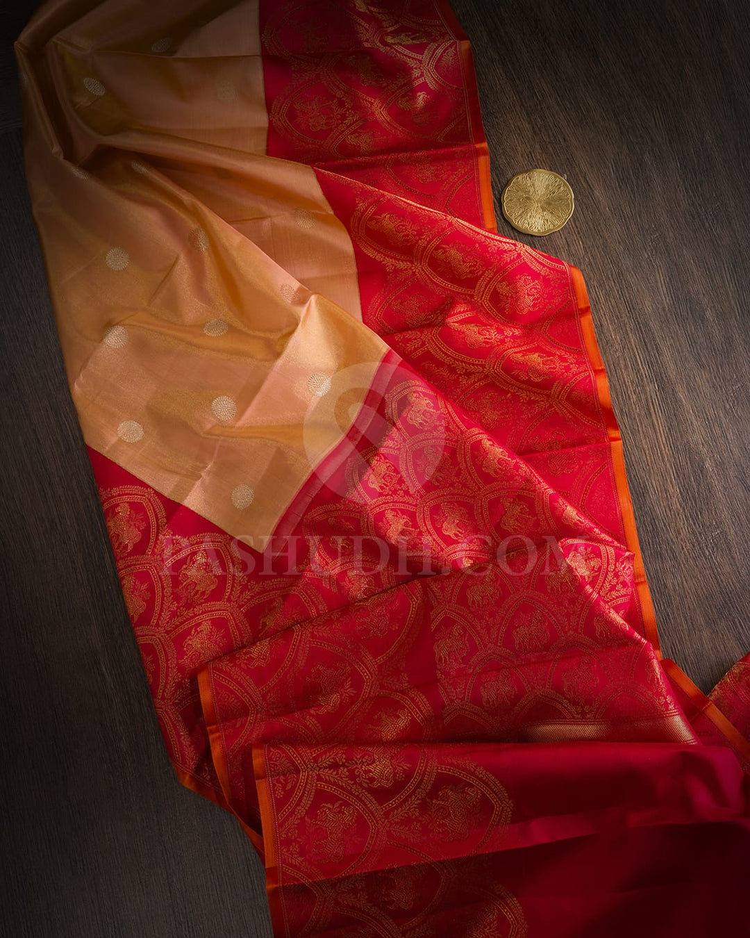 Peach With Red Shimmer Kanjivaram Silk Saree-S1768(A)