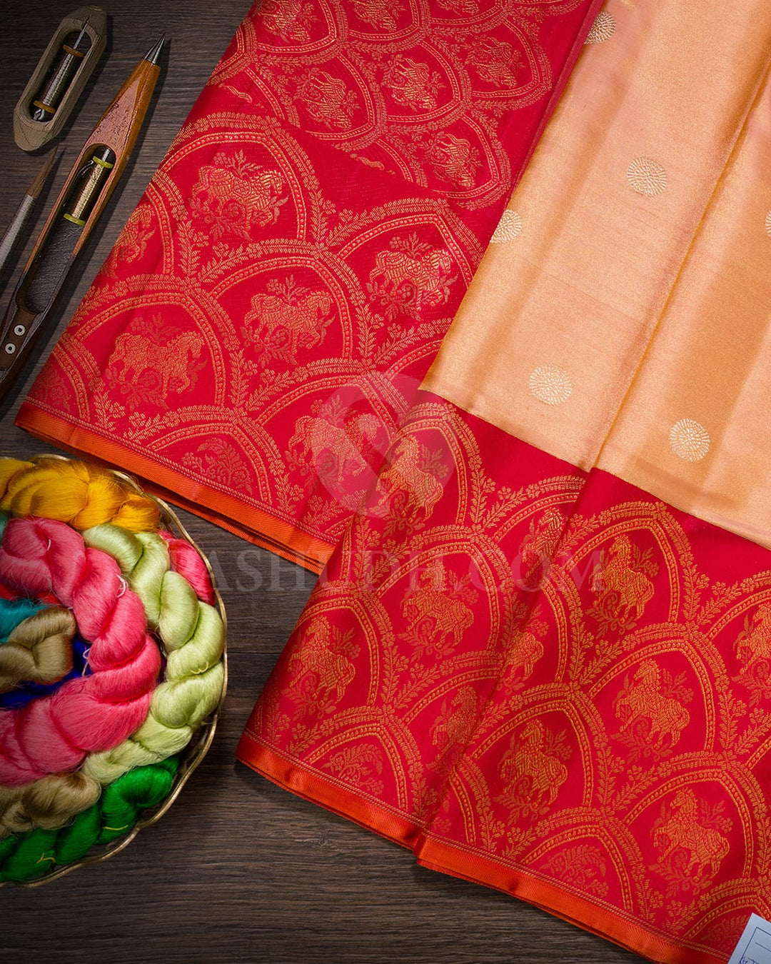 Peach With Red Shimmer Kanjivaram Silk Saree-S1768(A)
