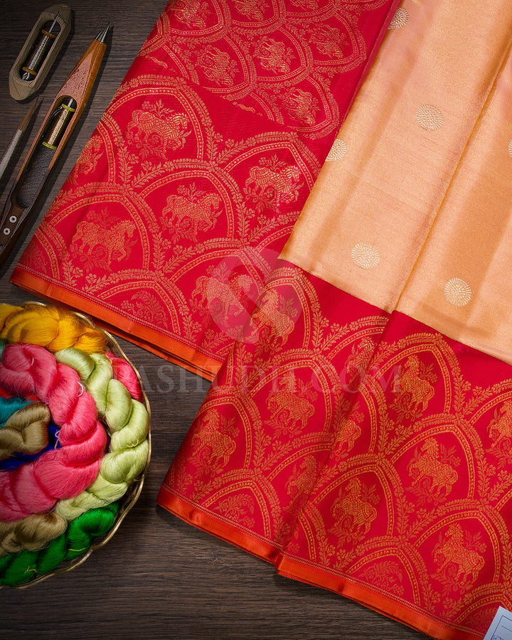 Peach With Red Shimmer Kanjivaram Silk Saree-S1768(A)