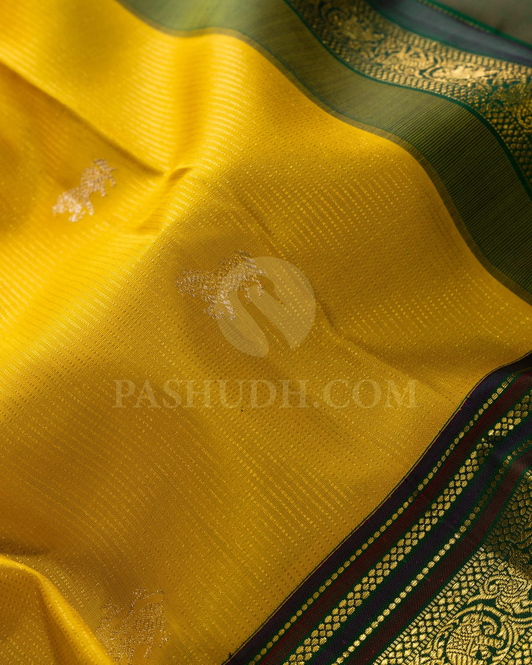 Sunflower Yellow And Bottle Green Kanjivaram Silk Saree-S1233(E)