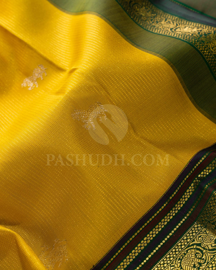 Sunflower Yellow And Bottle Green Kanjivaram Silk Saree-S1233(E)