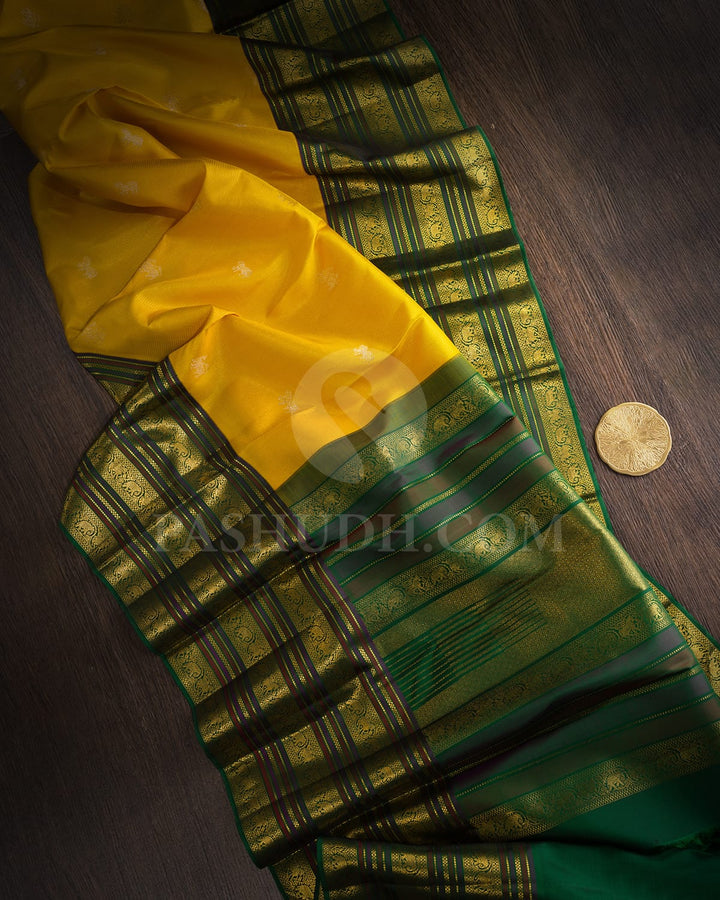 Sunflower Yellow And Bottle Green Kanjivaram Silk Saree-S1233(E)